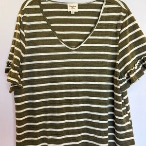 Xhilaration Olive and White Striped V-Neck Top